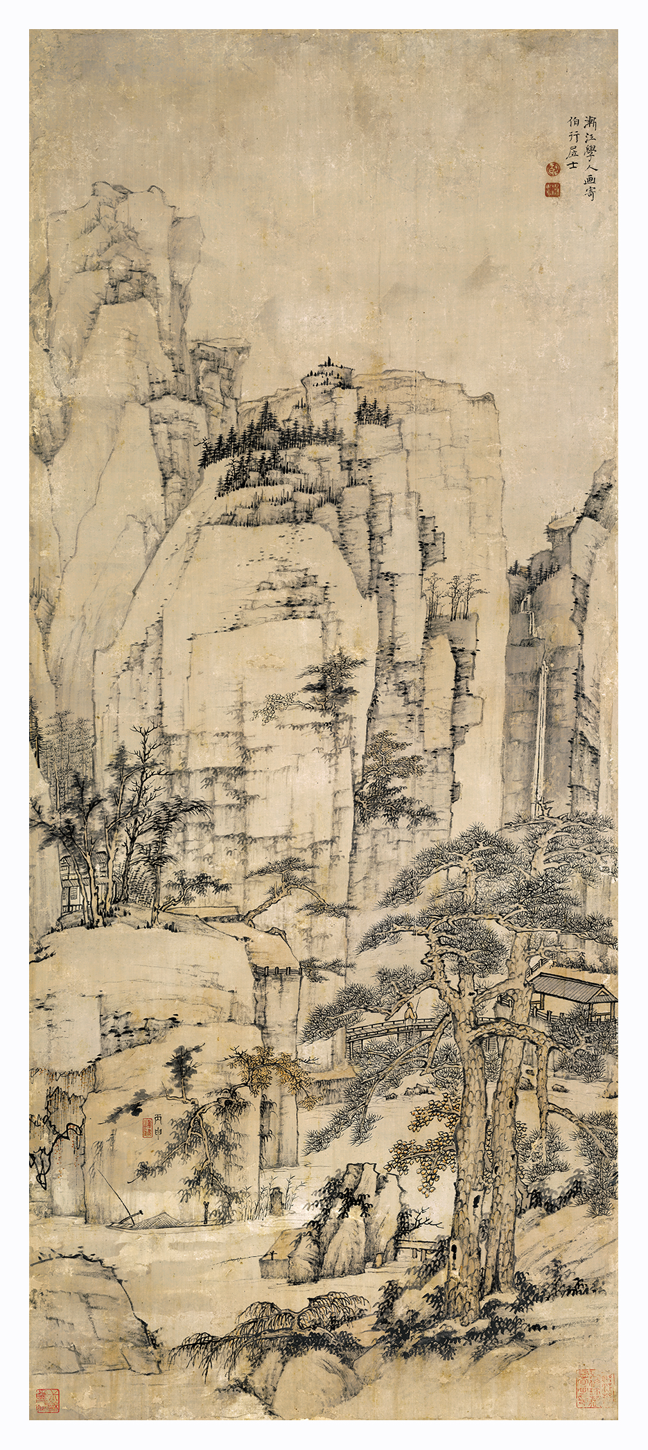 宣纸立轴山水画仿古名画古代四僧石壁松溪松溪石壁图国画