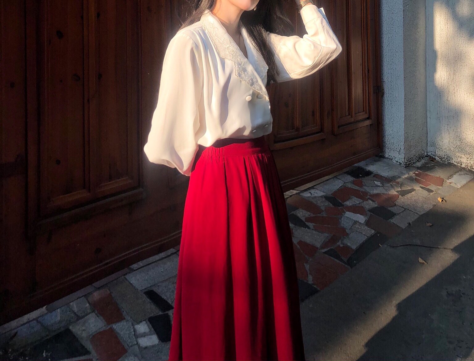 old腰伞松紧温柔红裙压褶百搭dream中长裙女半身裙