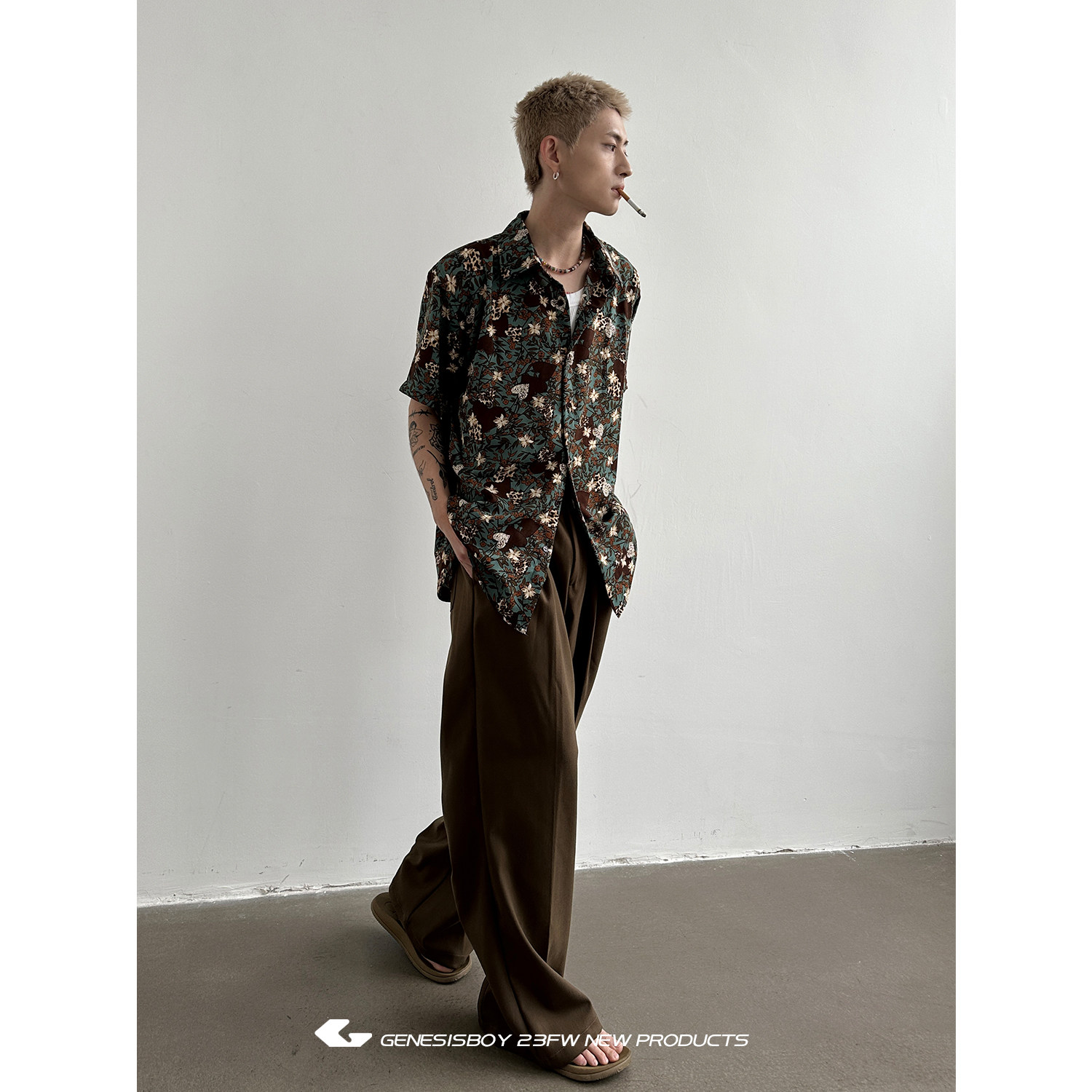 genesisboy复古老钱花卉短袖衬衫中性垂感衬衣衬衫