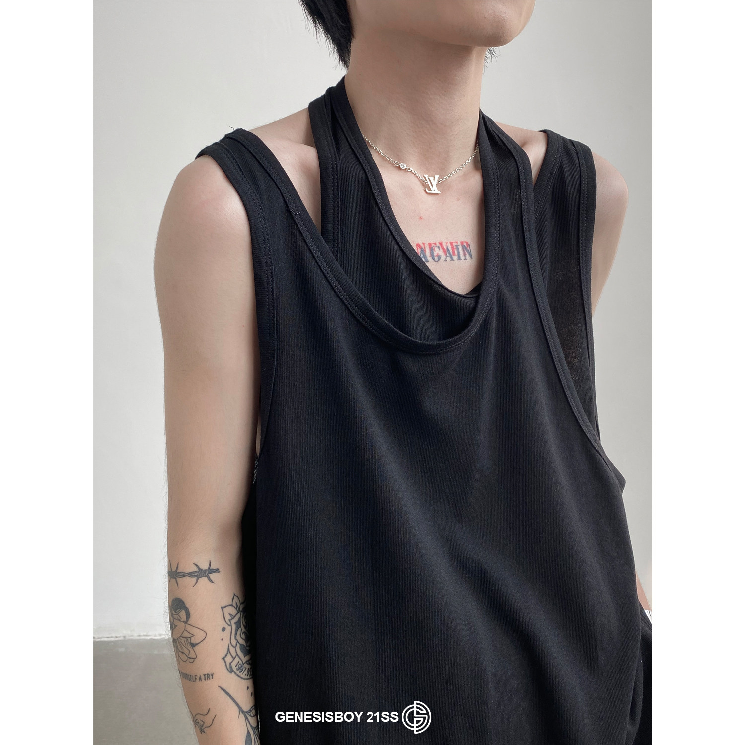 genesisboy无袖体恤夏季新款小众设计师款假两件双层背心