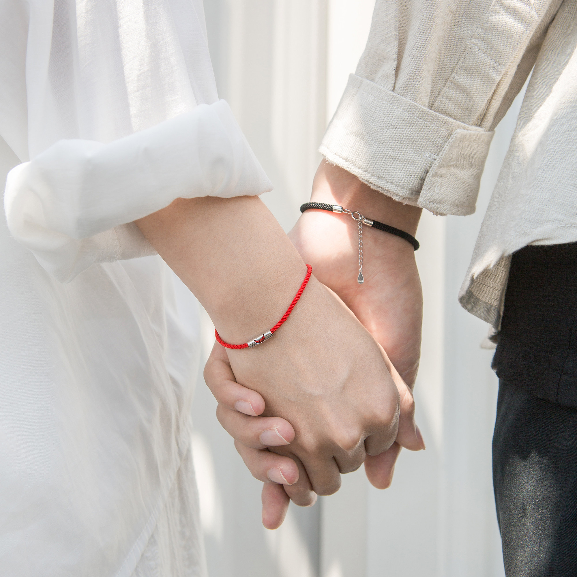 情侣手链纯银一对日月星辰编织红手绳手情人节女友手链