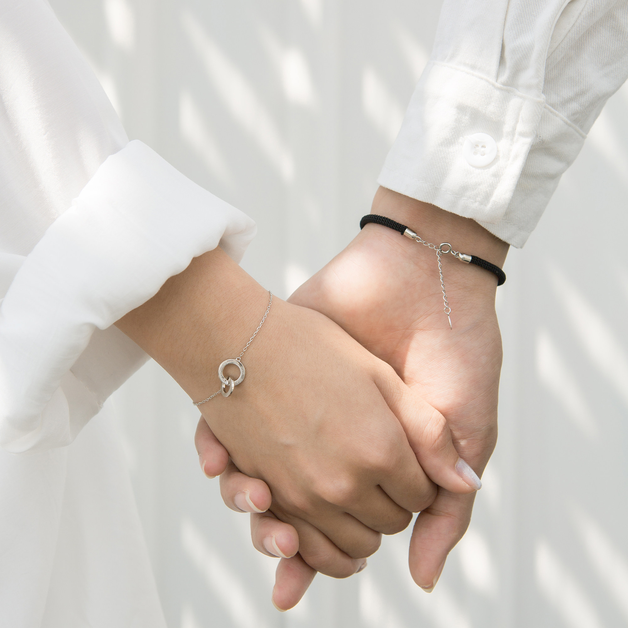 礼物七夕纯银手链情侣一对双环环扣编织手绳手链