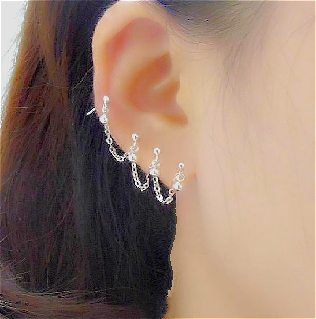 多耳洞s925纯银三个耳洞耳钉连体双耳链女学生长短款星星几何耳坠
