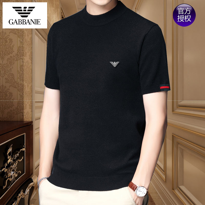奇 阿玛尼亚羊毛短袖T恤秋冬季男士圆领半袖加厚毛衣针织打底衫潮