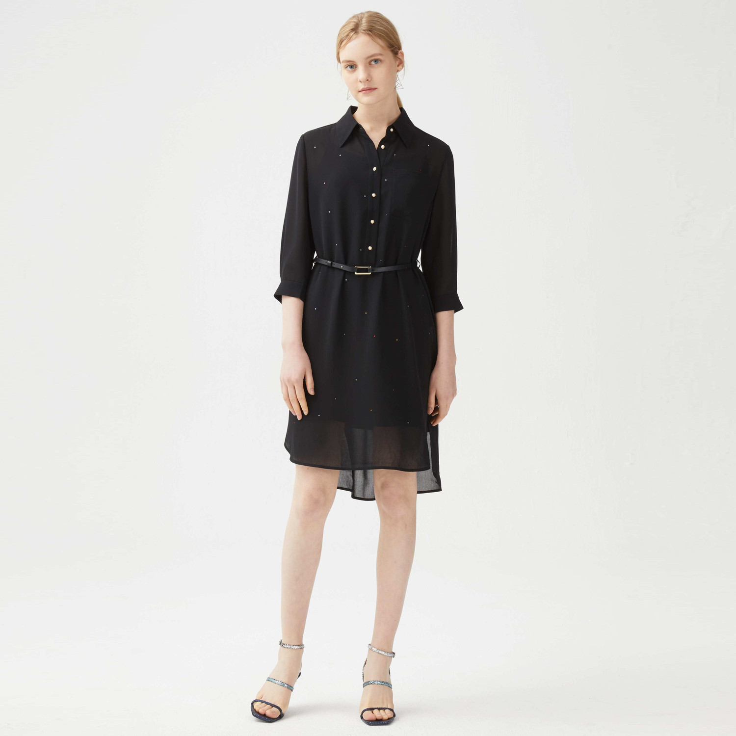 juzui玖姿夏季黑色亮钻时尚中长雪纺连衣裙连衣裙