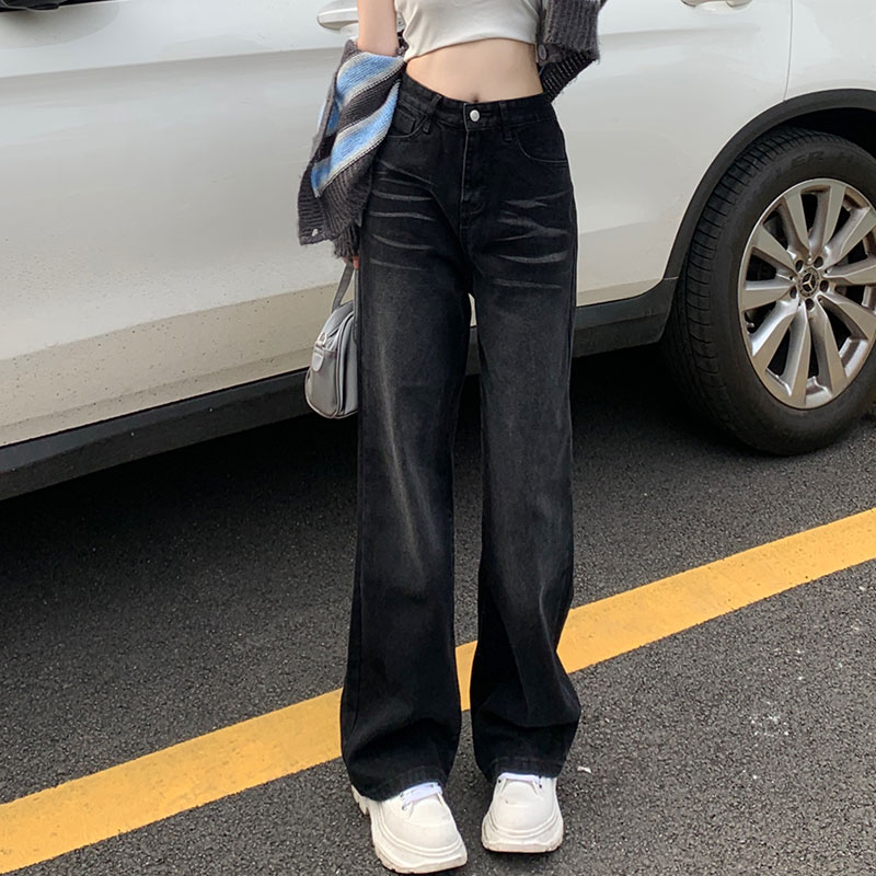 实拍实价~韩国潮流女装洗水黑色牛仔裤休闲宽松阔腿直筒裤