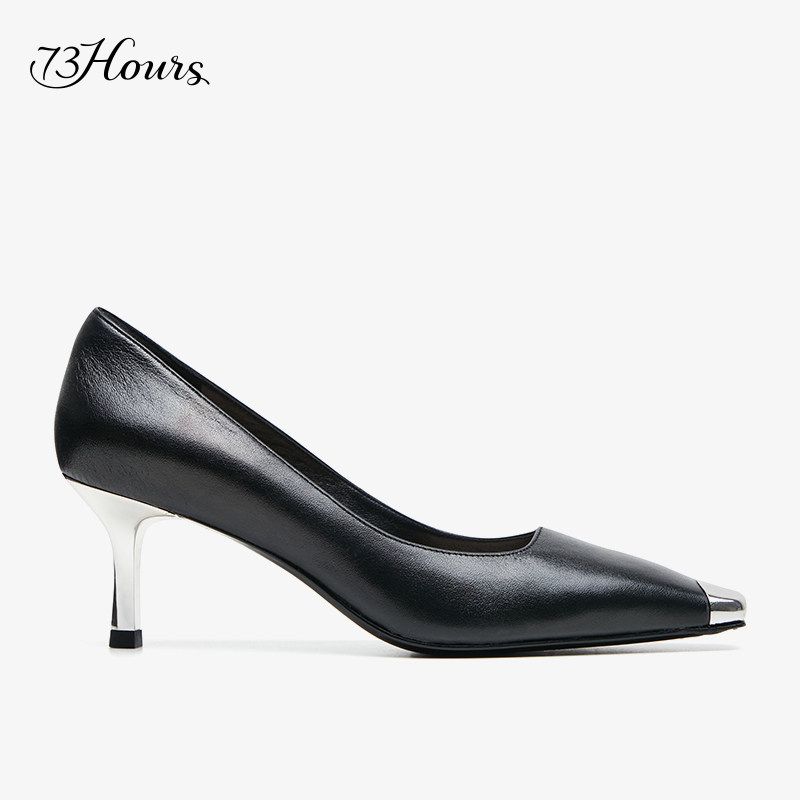 73hours女鞋nadia2021新款金属拼接方头浅老花装饰高跟鞋单鞋