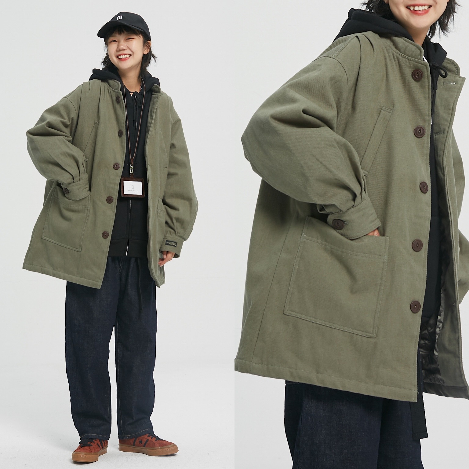 北原山貓 20AW/日系棉服oversize女bf风中长款棉衣/男女外套潮ins