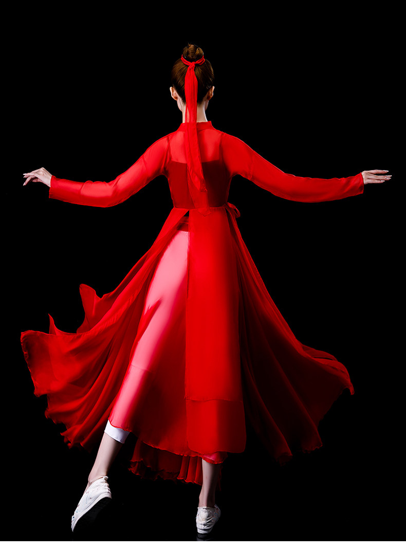 秋季舞蹈练习裙子新疆红纱半身雪纺古典现代舞民族服装