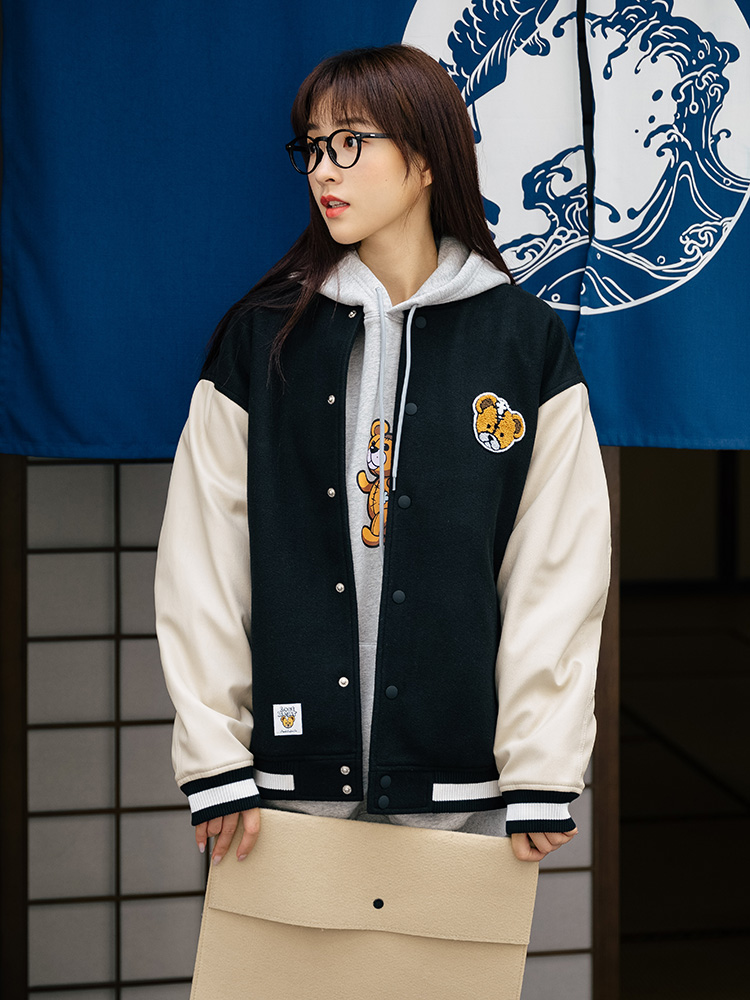 lisa国潮psobrand小熊刺绣拼接棒球服男宽松棉衣