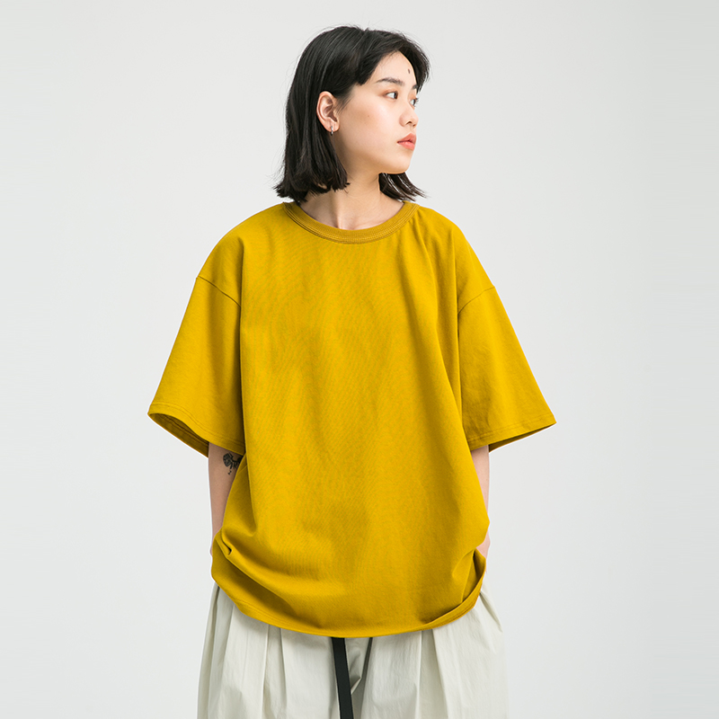 BUTTBILL 夏季新款重磅纯色短袖宽松圆领T恤男女棉打底小领口TEE