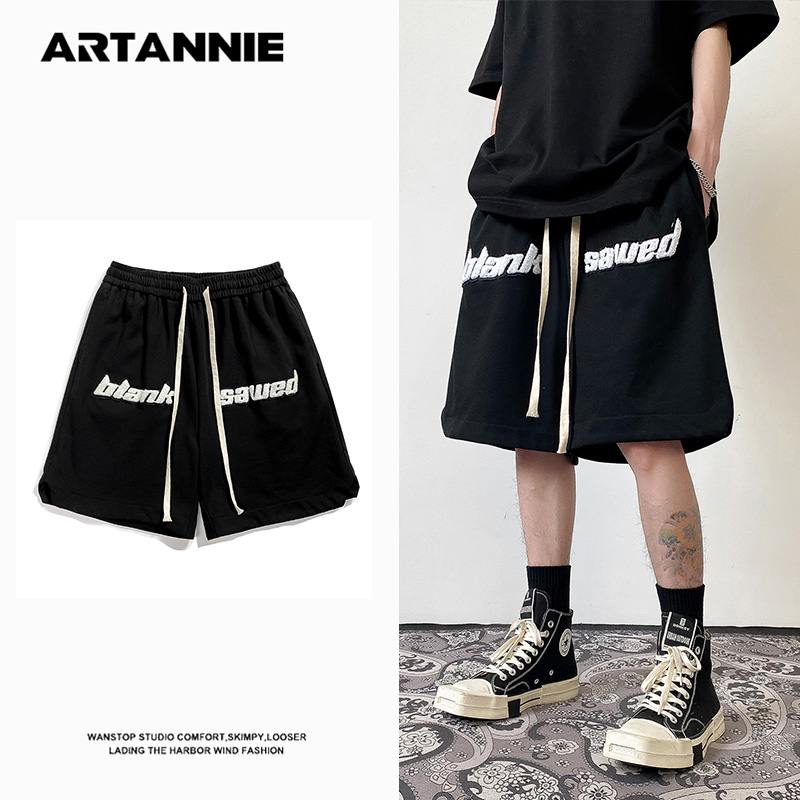 ARTANNIE黑色复古字母刺绣运动五分裤男夏季美式潮牌宽松休闲短裤