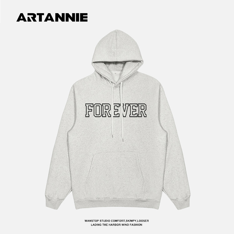 ARTANNIE灰色连帽卫衣男秋季加绒加厚潮牌美式街头宽松情侣上衣