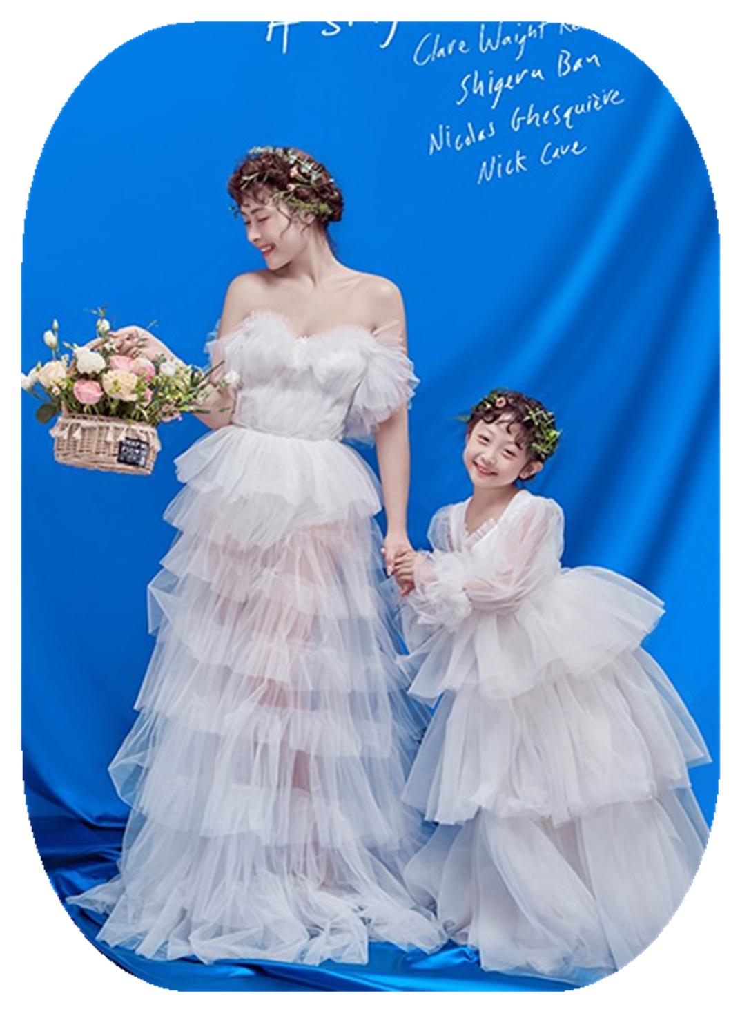 婚纱影楼展会新款白色纱裙唯美一家4口亲子装母女儿童演出服