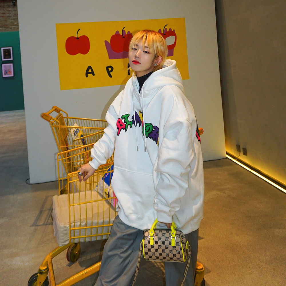 leman金俊卫衣男春秋网红爱心印花帽衫韩版oversize薄