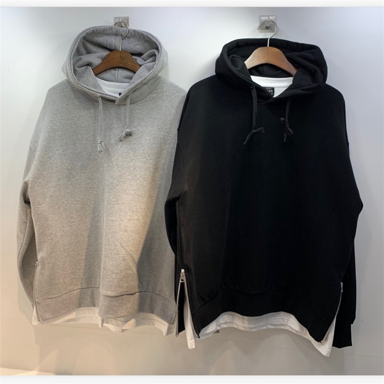 韩国东大门男装代购设计师拉链侧开帽衫韩版宽松棉质落肩套头卫衣