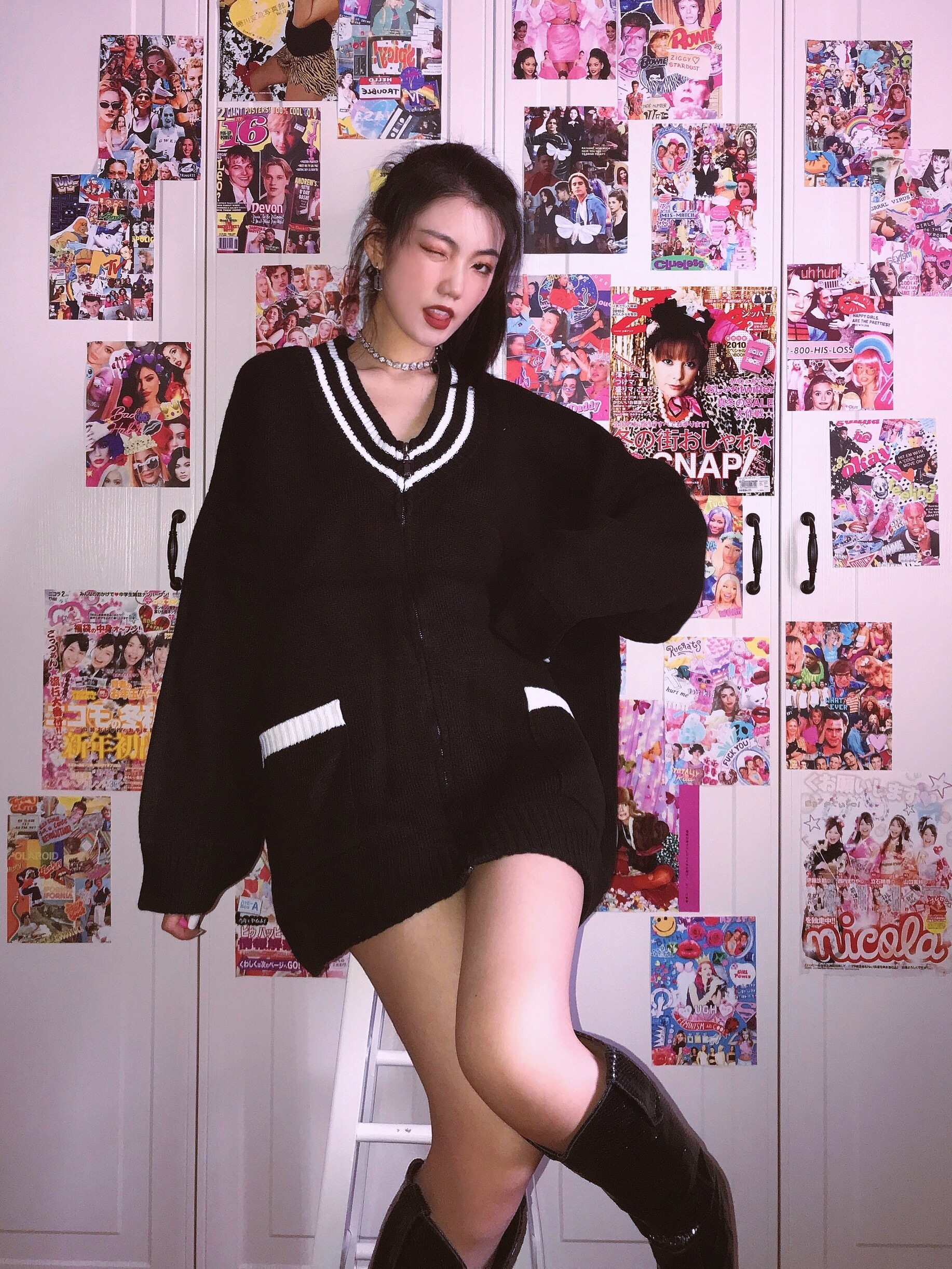 eternity ita 20fw 复古学院慵懒风v领针织拉链开衫毛衣外套 男女