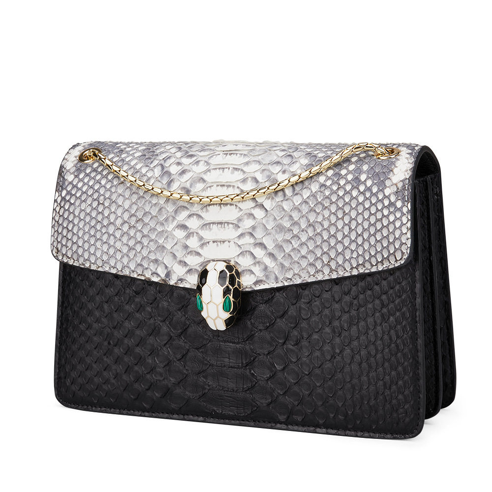 xbelo奢侈品2022蟒蛇皮拼色女包真皮蛇头包时尚链条包斜挎包24cm