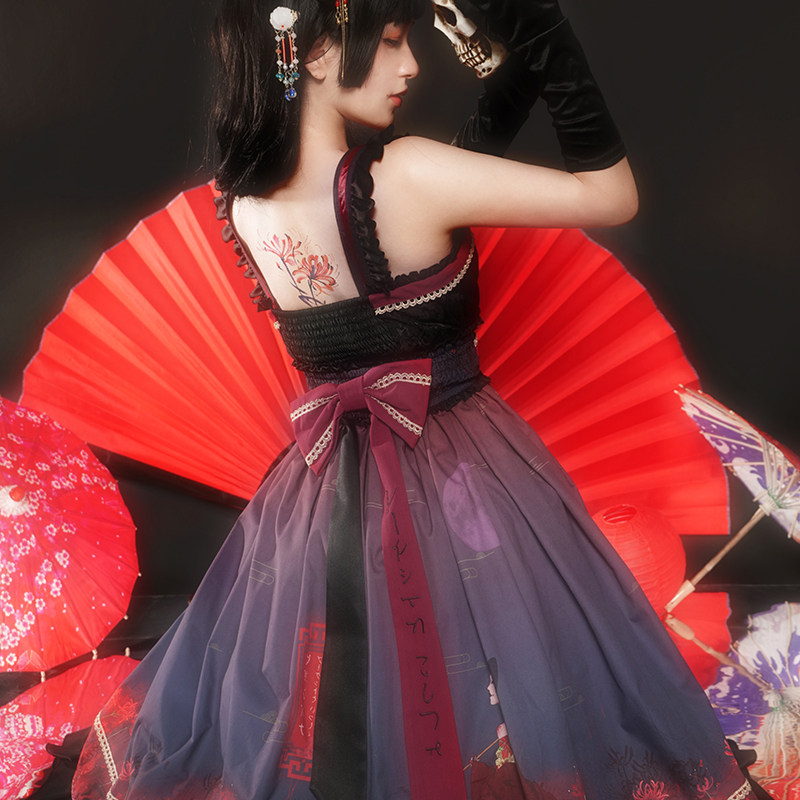 寂月withpuji原创设计大正花魁彼岸花柄图jsk和风连衣裙