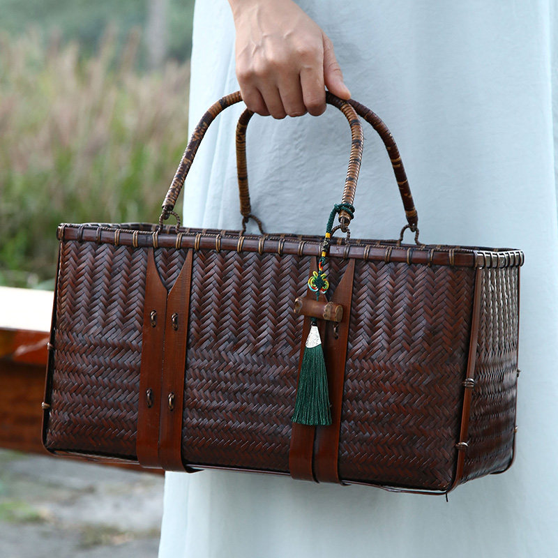 手工复古茶具便携拎包竹包手提包文艺包包女编织竹编