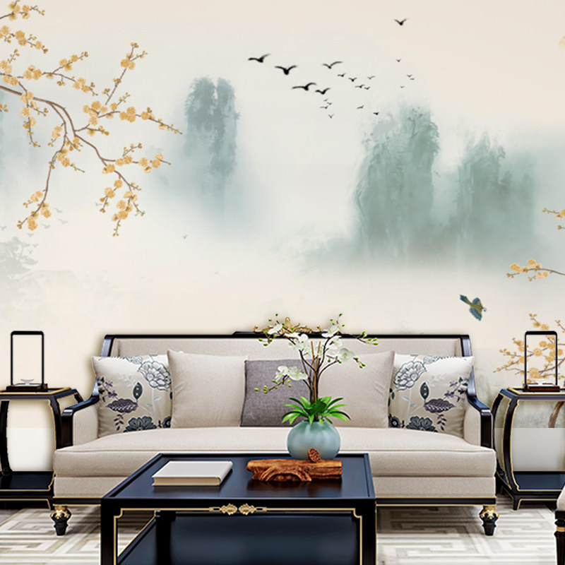 中式电视背景墙壁纸水墨画山水墙布禅意壁画古典定制壁画