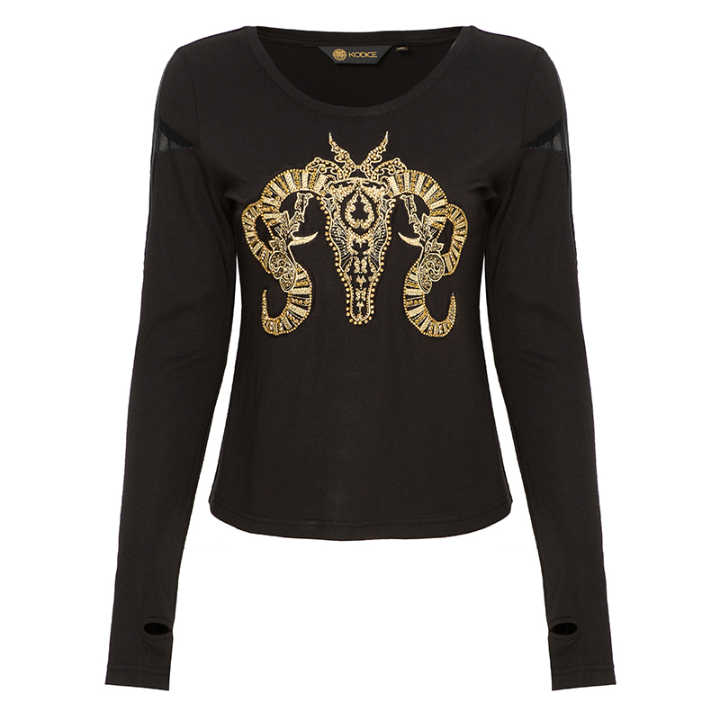 kodice2019秋冬新款金色羊头钉珠长袖套头黑色单上衣t恤