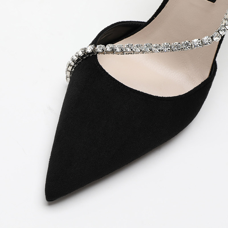 尖头绒面黑色性感百搭细跟高跟鞋浅口镂空水钻一字扣带包头凉鞋女