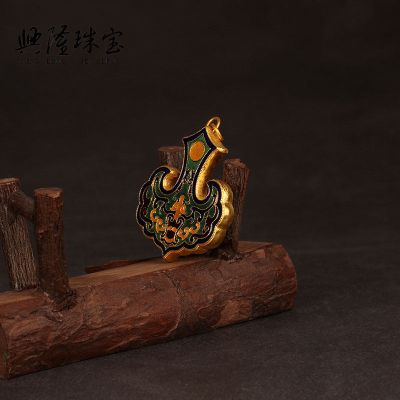 高温烧蓝足金錾刻手工黄金祥云如意挂件蝙蝠颈饰