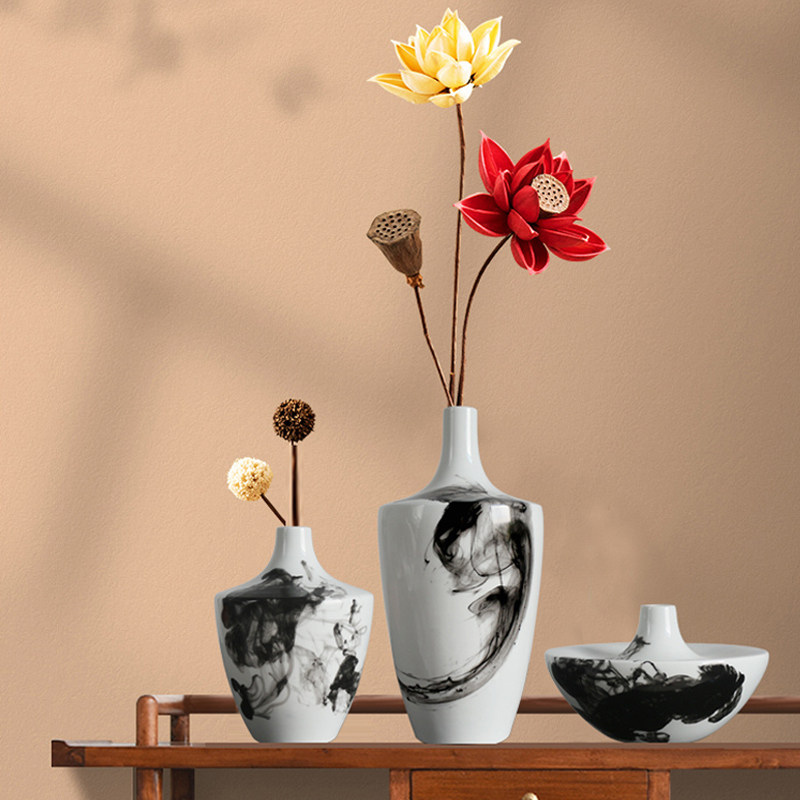 新中式禅意水墨陶瓷花瓶样板房茶室别墅酒店客厅花瓶