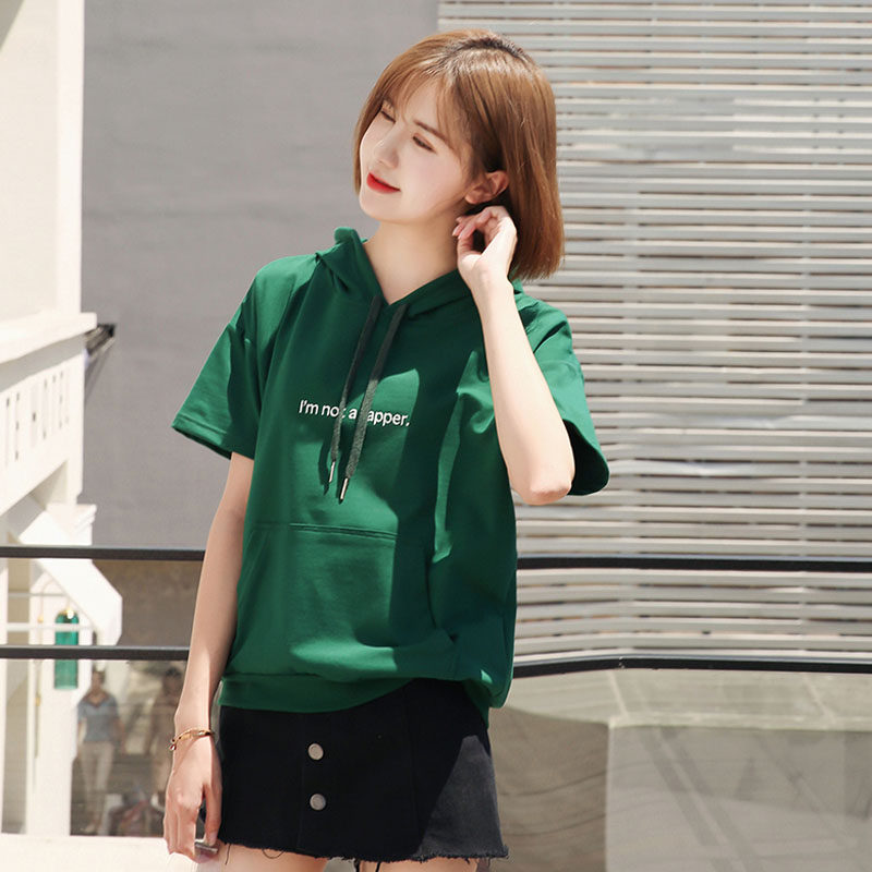 夏季新款卫衣女连帽短袖薄款韩版加大码半袖宽松显瘦上衣袋鼠口袋