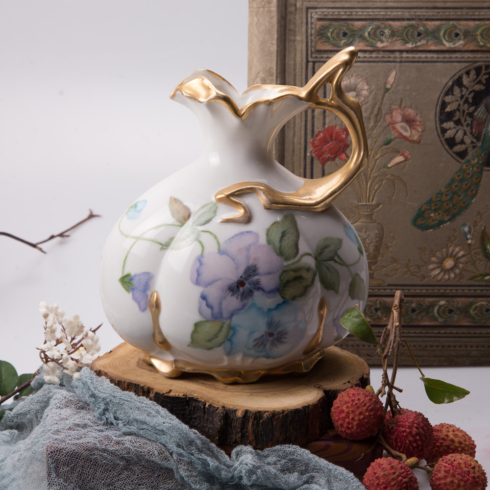 冷水金陶花瓶插花奢华欧式瓷瓶水壶玫瑰手绘冷水壶