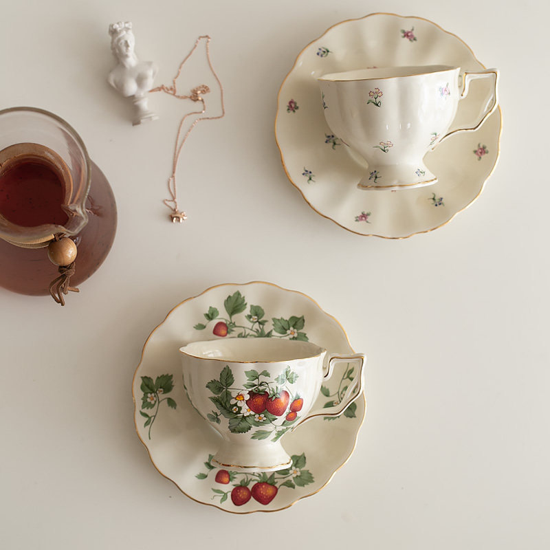 法式复古陶瓷草莓杯碟红茶杯子咖啡杯下午下午茶茶杯