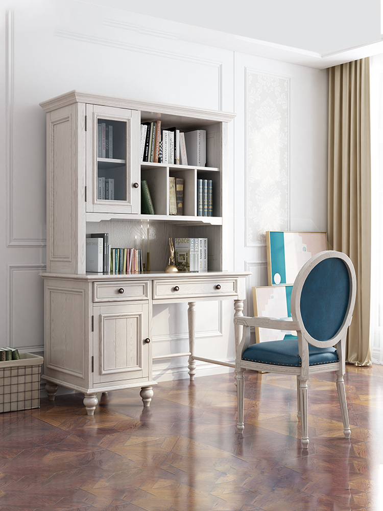 书桌美式实木组合书架一体式办公桌简约儿童儿童书书桌