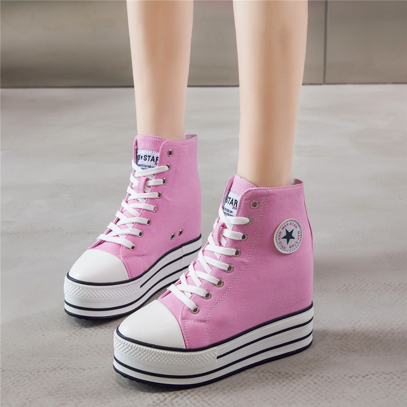 新品春夏季女帆布鞋厚底松糕休闲增高鞋粉粉色帆布鞋