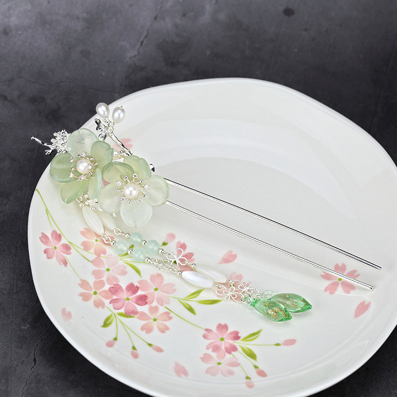 墨涧花手作岫玉樱花发簪古风流苏步摇汉服发饰发饰