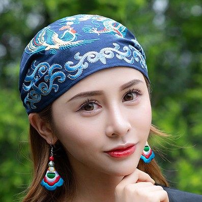 包邮中国风时尚棉麻头巾女帽帽子民族风复古刺绣帽子