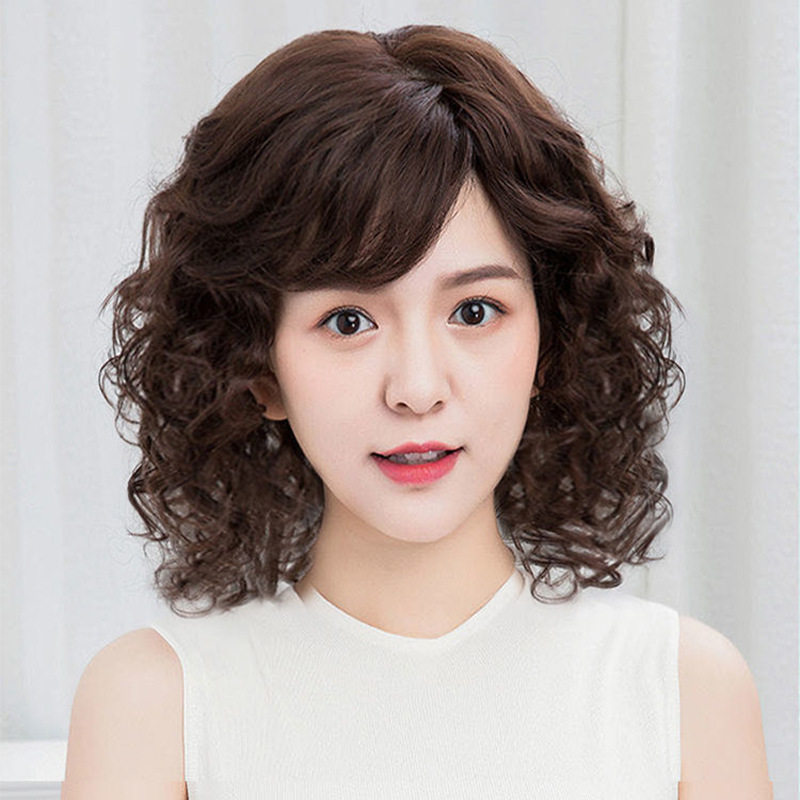 真发女士假发短卷发真人发丝中老年头套蓬松妈妈整顶假发