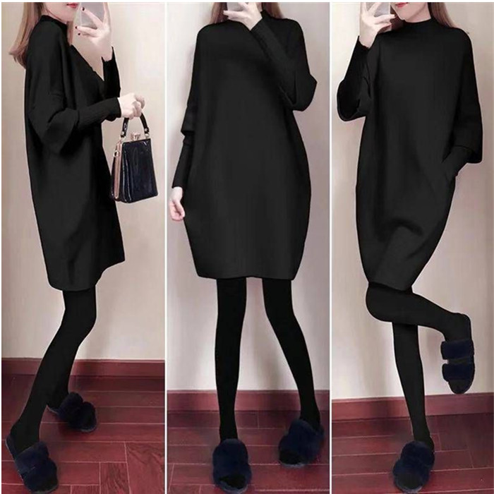 黑色针织连衣裙爆款2021新款冬款加厚款中长款毛衣打底裙子女秋冬
