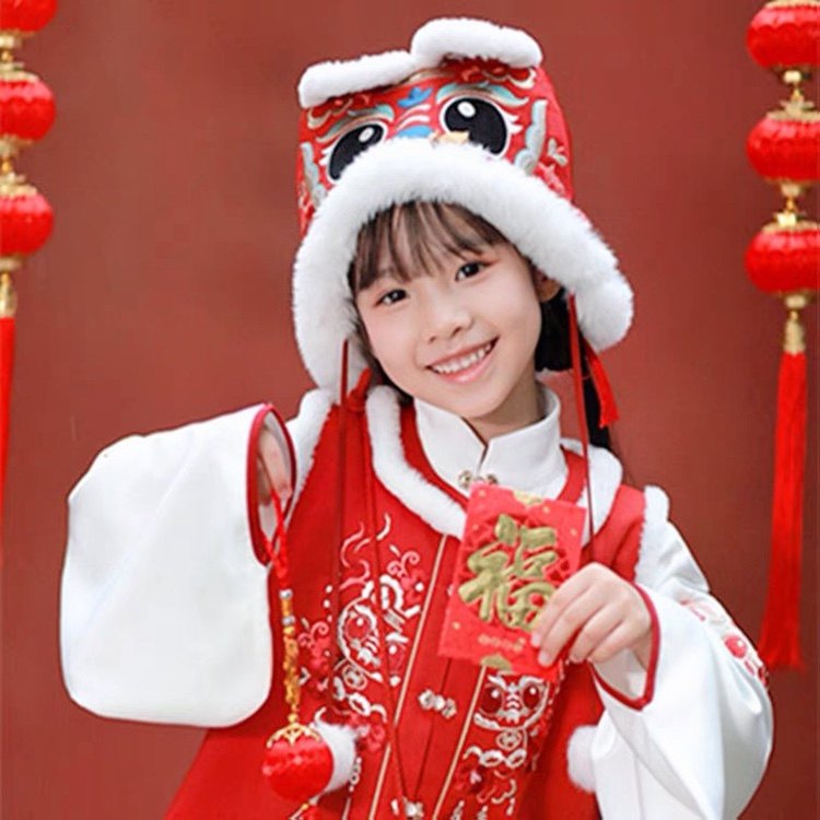 儿童新年老虎帽冬季休闲搭配套头帽刺绣加绒保暖拜年虎头帽男女-mc母