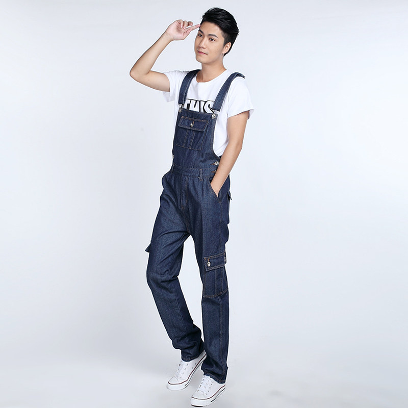 牛仔背带裤男秋冬多包情侣同款休闲宽松大码多口袋吊带纯色工装长