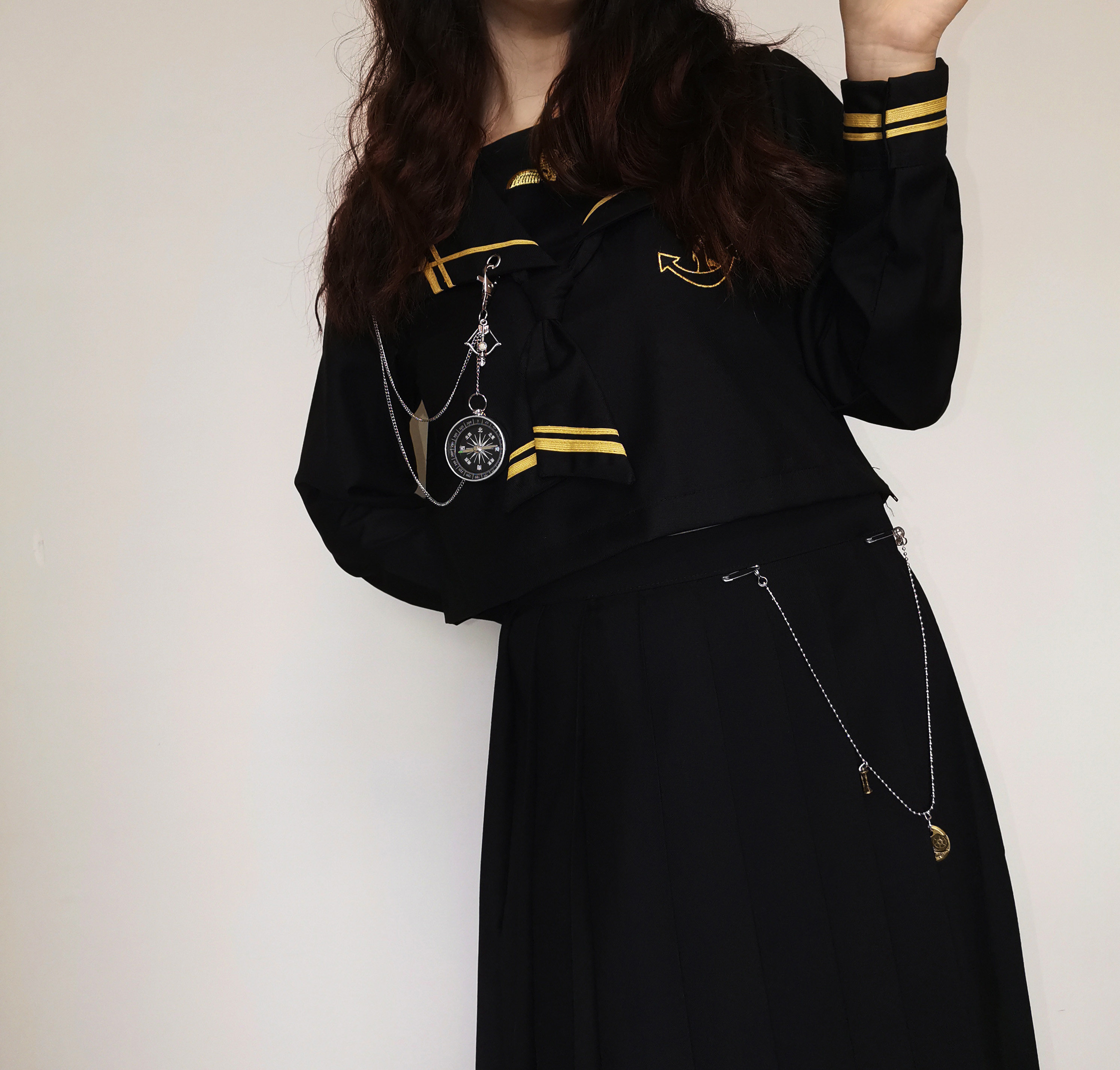 原创加勒比关西襟航海不良少女jk制服长袖黑色水手服套装静止脉搏