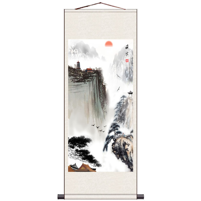 国画招财山水画聚宝盆卷轴水墨画绢画宣纸国画