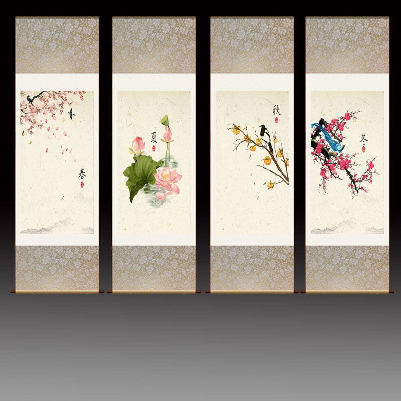 丝绸画卷卷轴国画山水画山水四季四条外事礼品国画