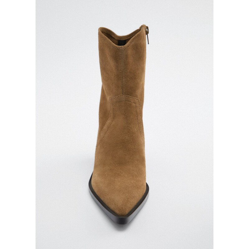 za2022秋冬新款高跟鞋烟草棕色短靴尖头粗跟中筒时装靴