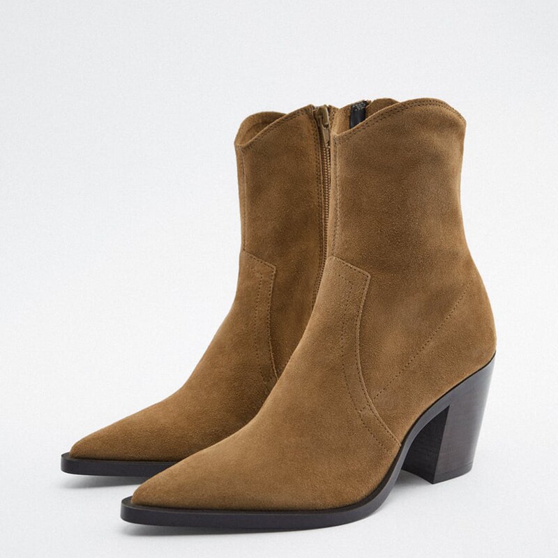 za2022秋冬新款高跟鞋烟草棕色短靴尖头粗跟中筒时装靴