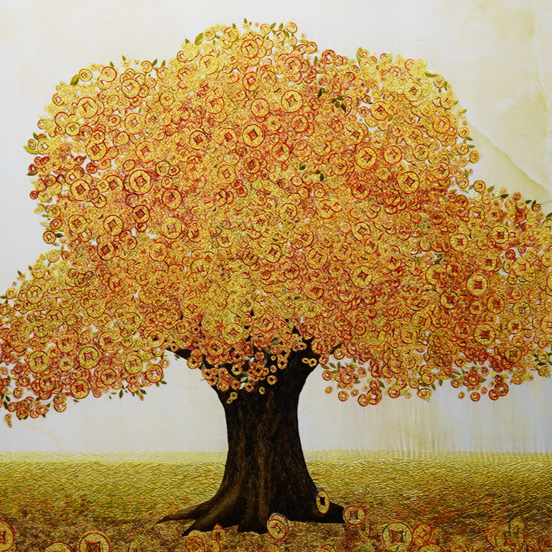 新中式手工客厅走廊过道玄关刺绣苏绣发财树富贵苏绣