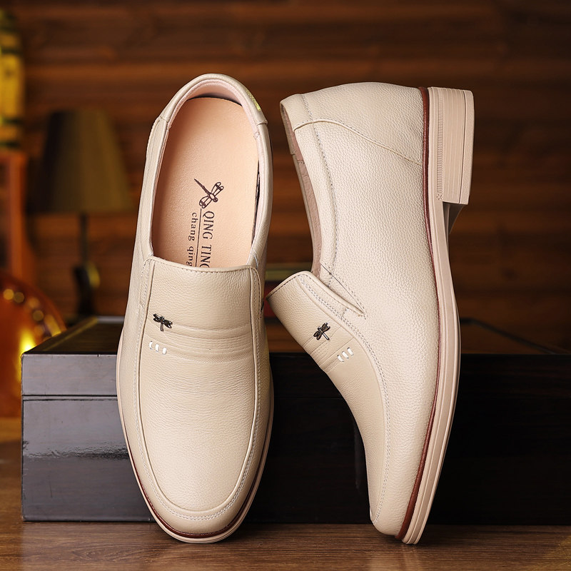 增高新款网红红蜻蜓男士透气商务真皮米白休闲休闲皮鞋