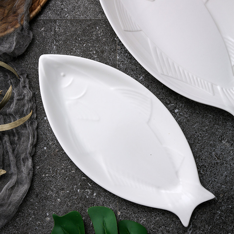鱼盘盘子椭圆形纯白陶瓷鱼形微波炉蒸鱼菜碟盘