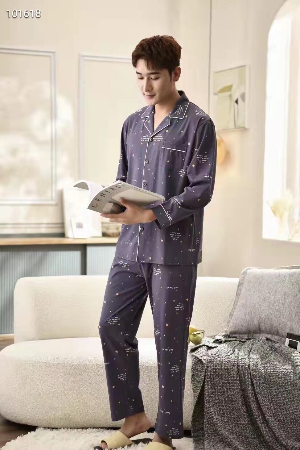 专柜正品雅巧春秋男款纯棉翻领开衫长袖家居服睡衣