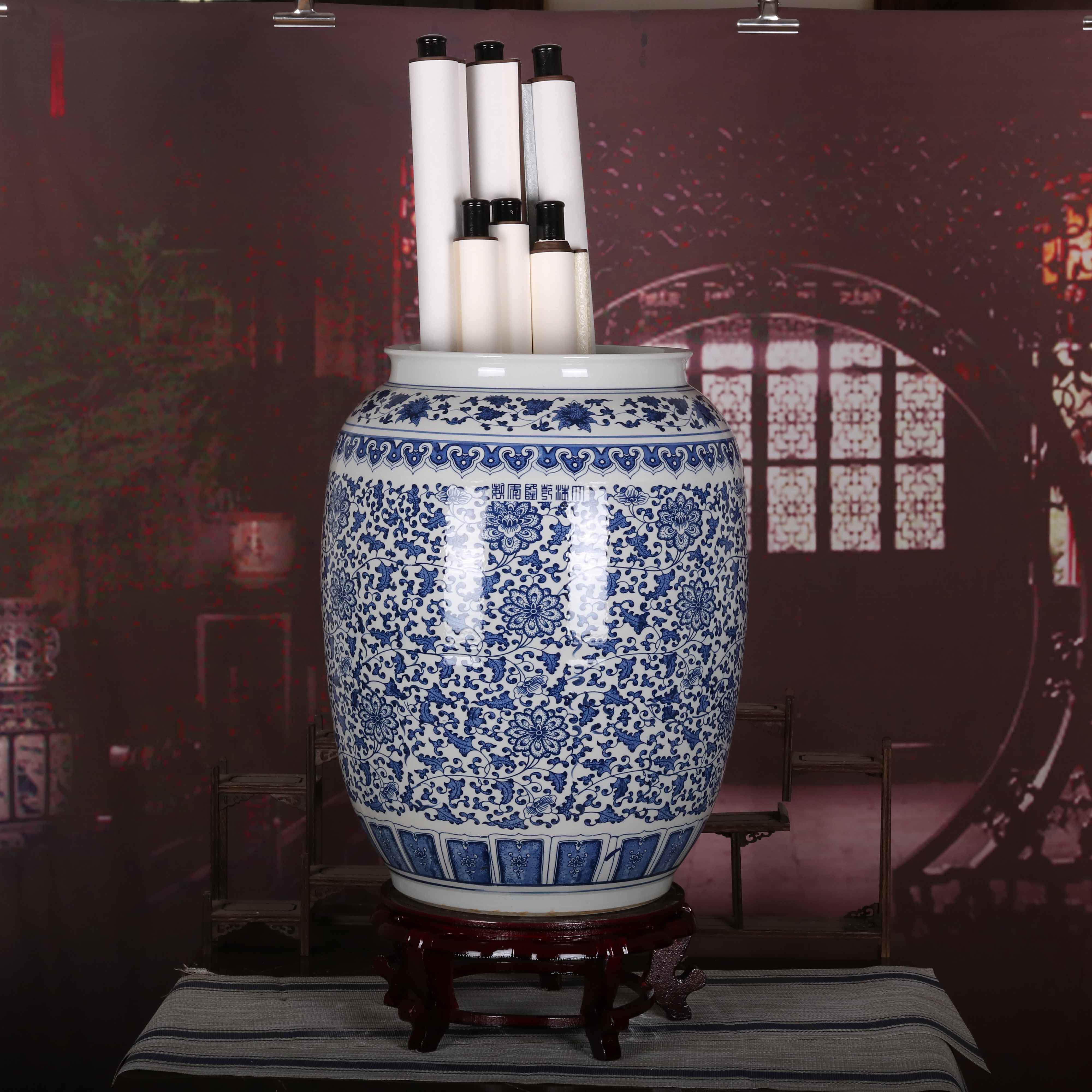 景德镇青花瓷字画书画筒直筒卷轴箭筒大号花瓶花插花瓶